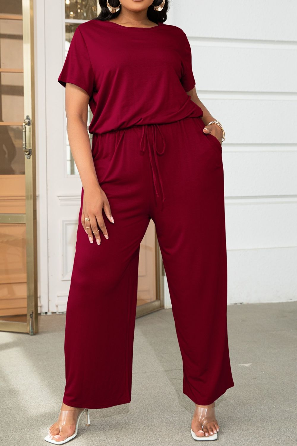 Trendsi plus size casual jumpsuit in deep red with short sleeves and drawstring waist