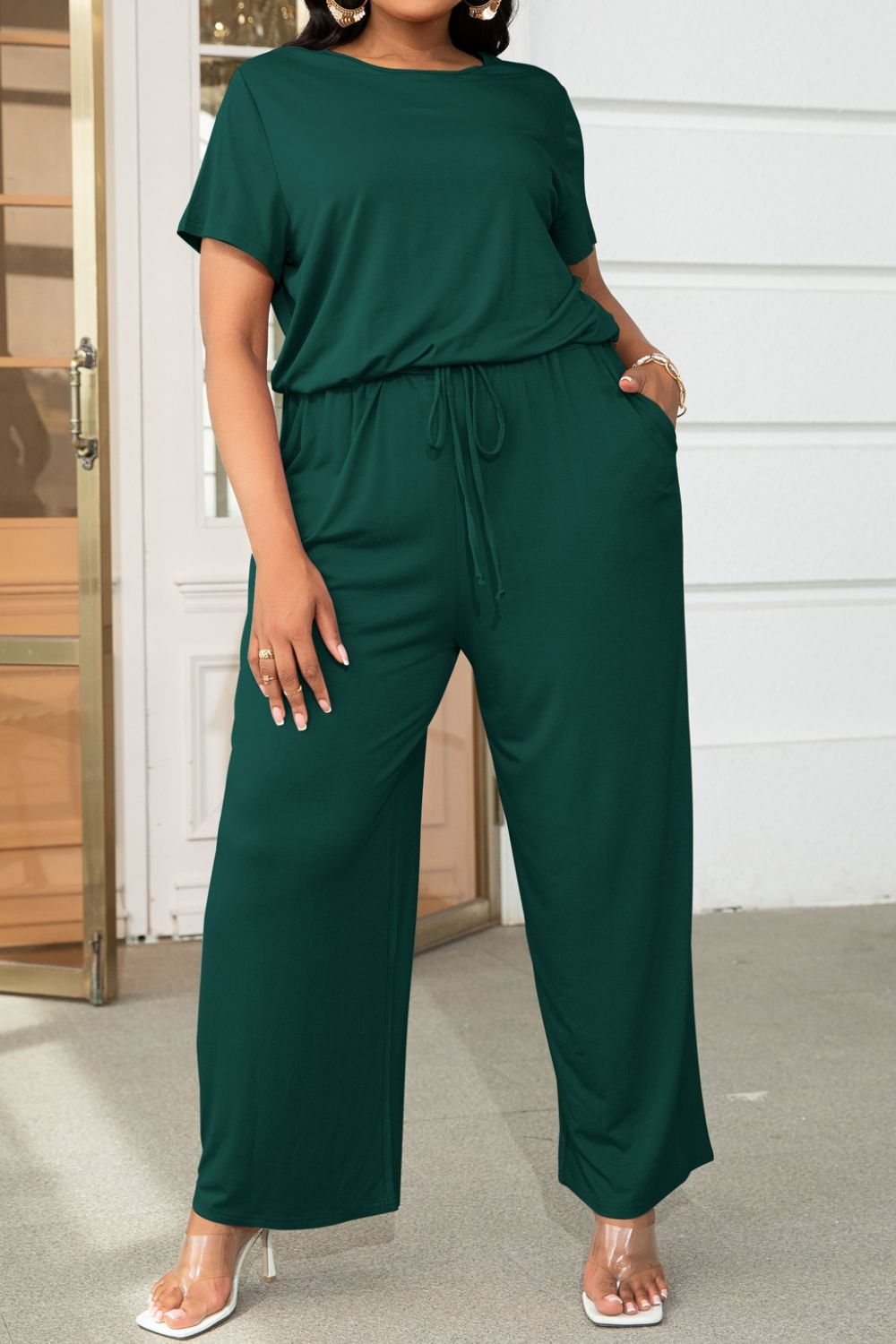 Trendsi plus size casual jumpsuit in dark green with short sleeves and drawstring waist