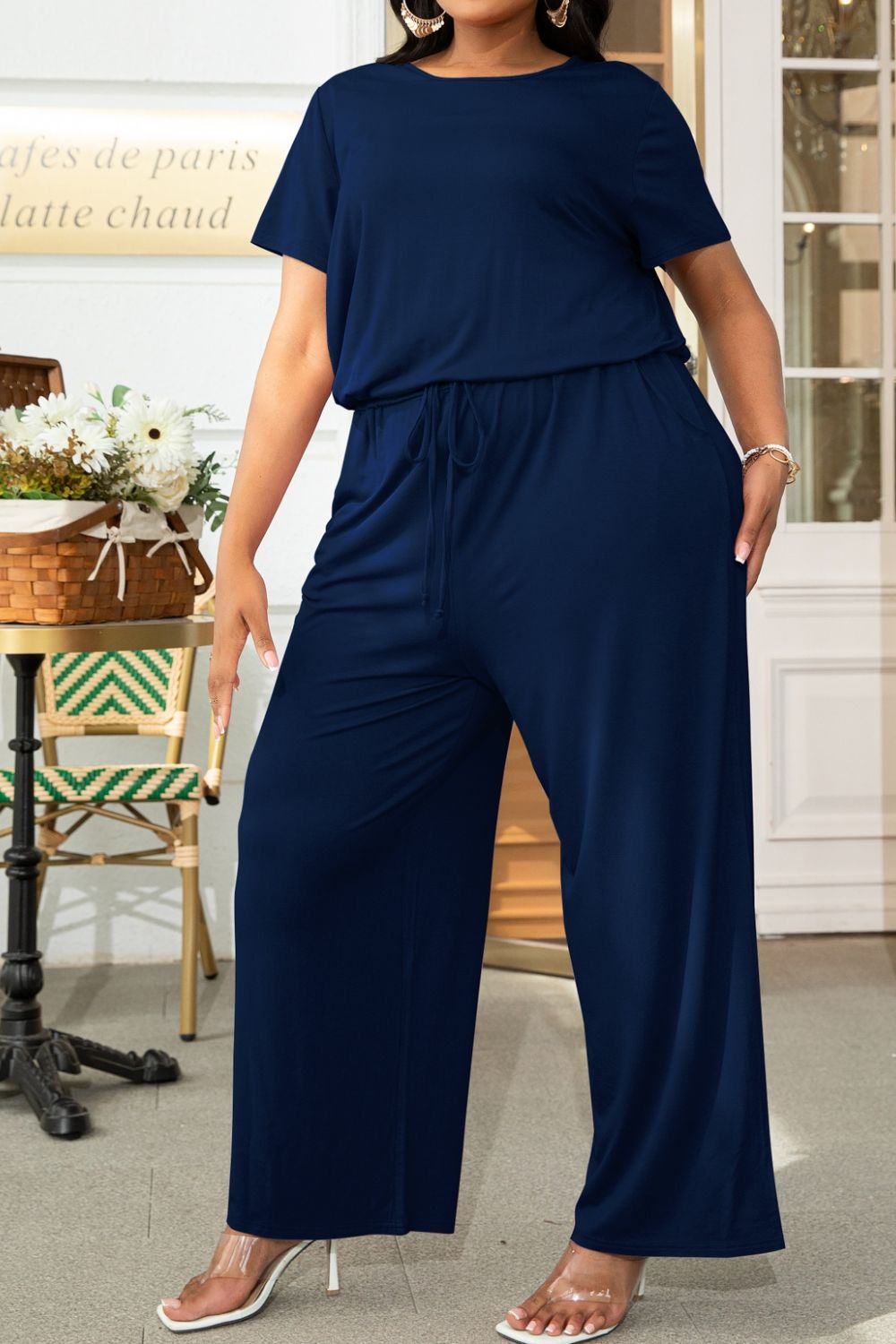 Trendsi plus size casual jumpsuit in navy blue with short sleeves and wide leg pants