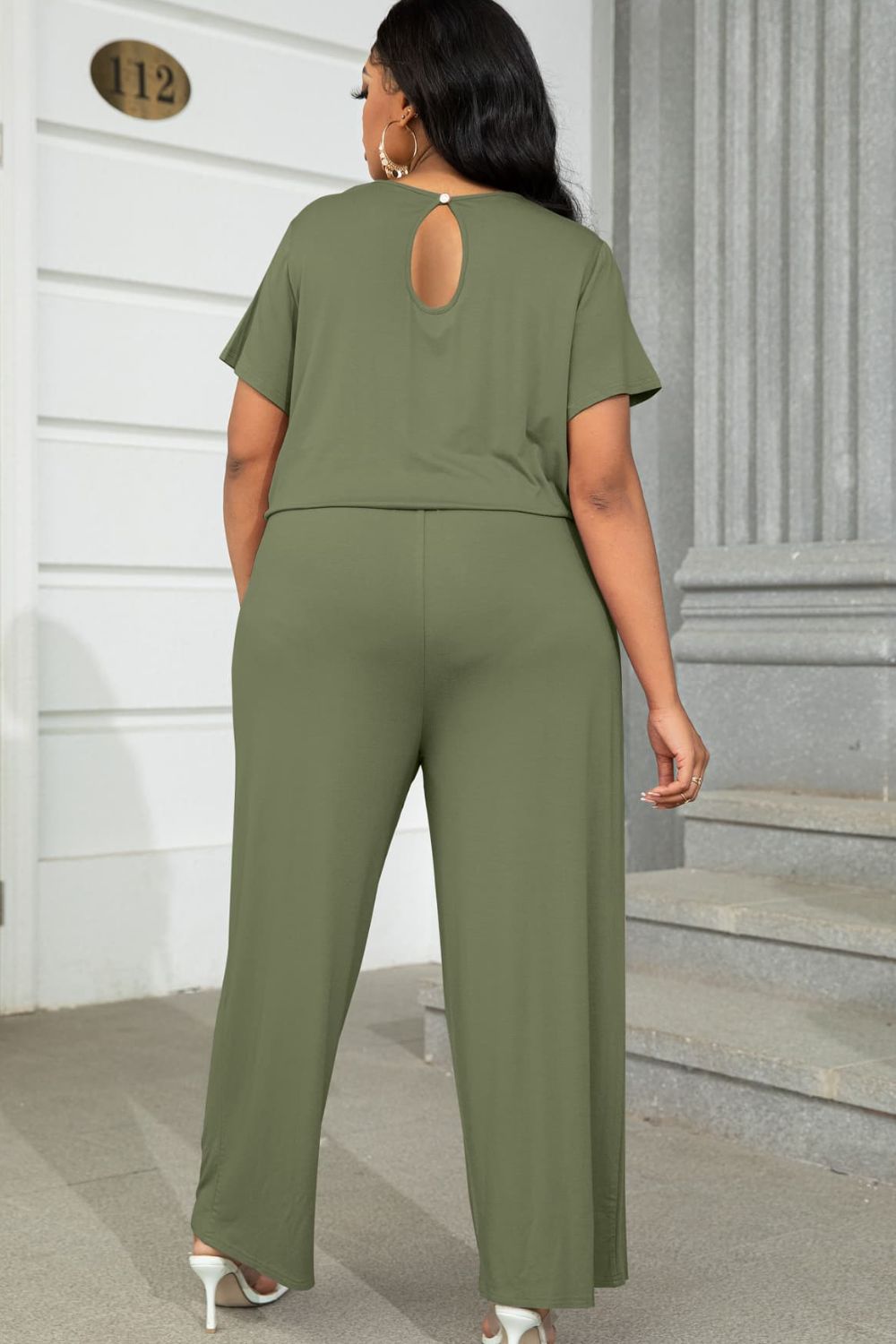Trendsi plus size casual jumpsuit in olive green with short sleeves and keyhole back detail
