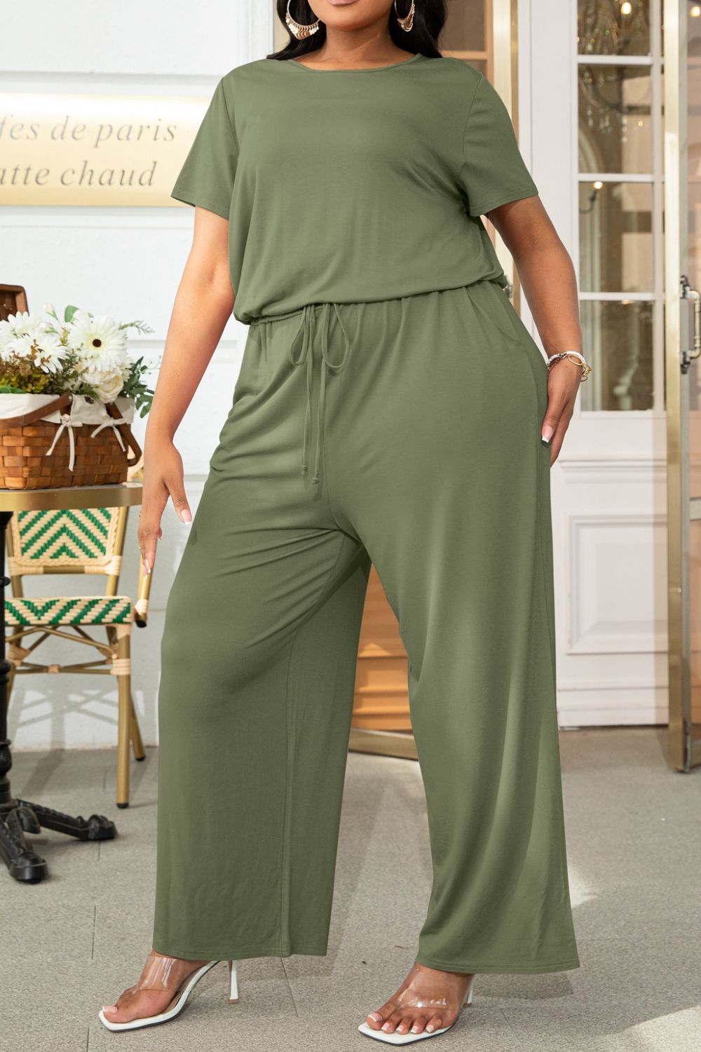 Plus size casual jumpsuit in olive green with short sleeves and drawstring waist by Trendsi