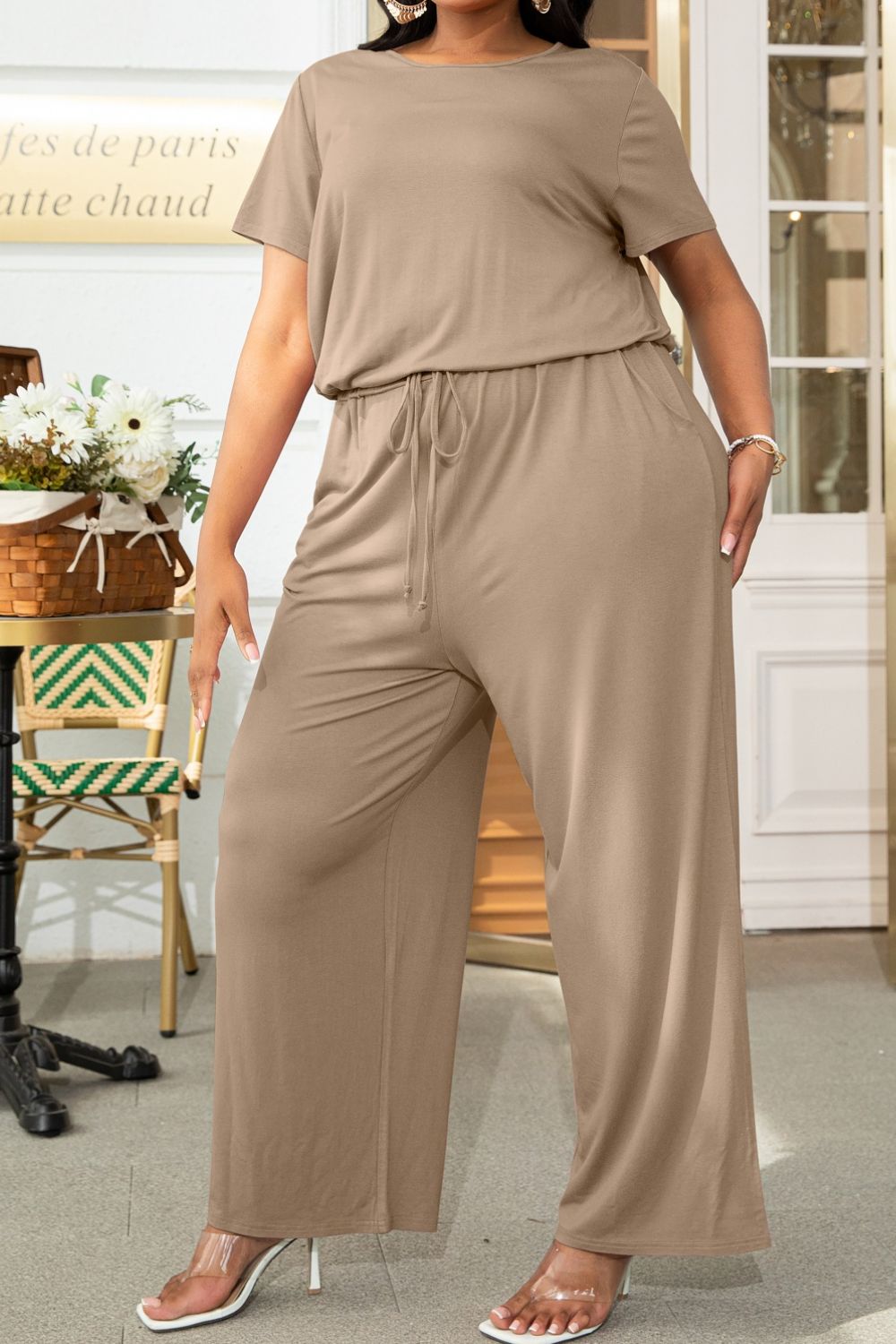 Trendsi plus size casual jumpsuit in beige with short sleeves and drawstring waist