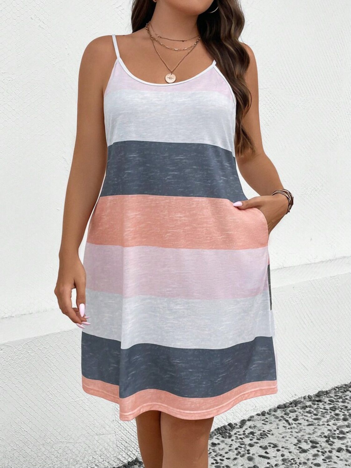 Trendsi plus size color block mini dress with white, gray, pink, and peach horizontal stripes and adjustable straps