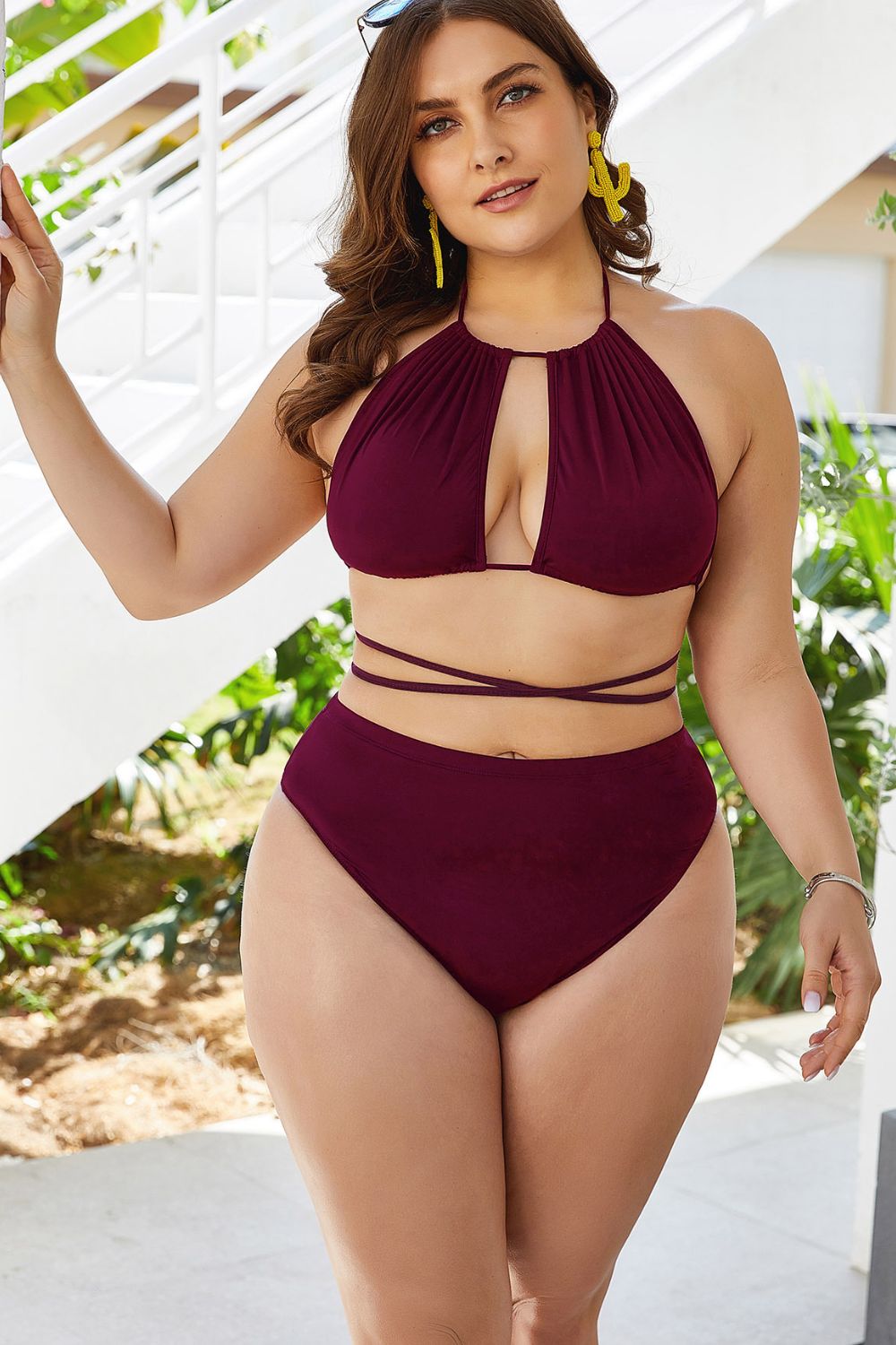 Trendsi plus size cutout bikini set in dark purple with high waist bottoms and wraparound straps