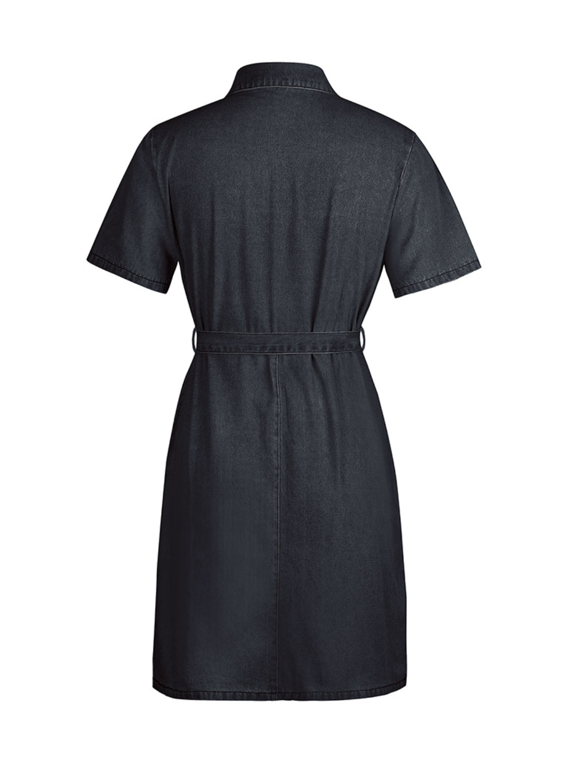 Back view of Trendsi plus size denim dress with short sleeves and a belt at the waist in dark wash