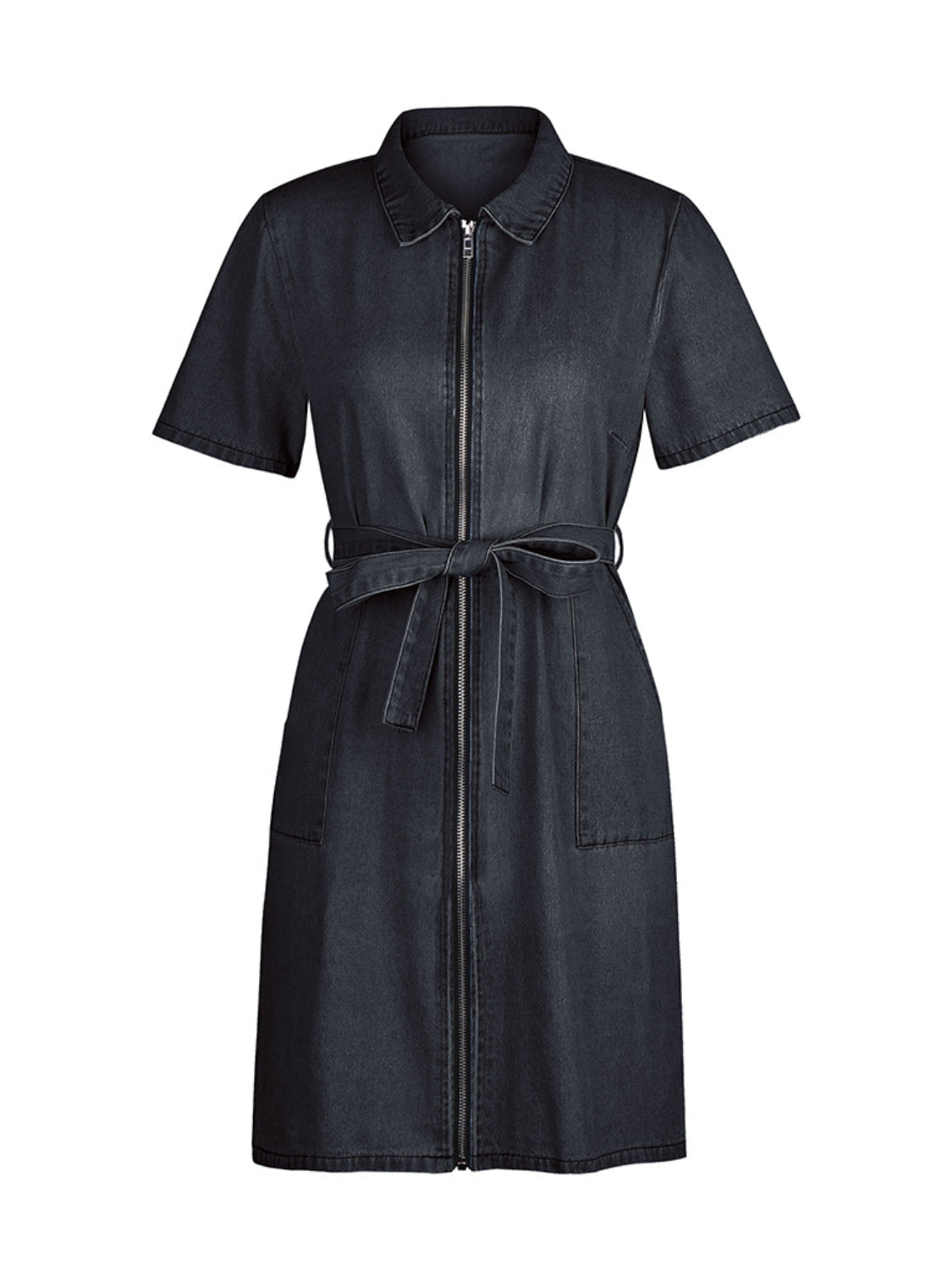 Trendsi plus size denim dress with short sleeves front zipper and waist tie belt in dark wash