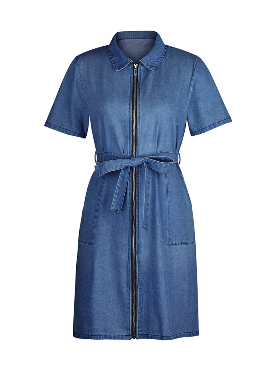 Trendsi plus size denim dress with short sleeves, front zipper, and waist tie belt in blue