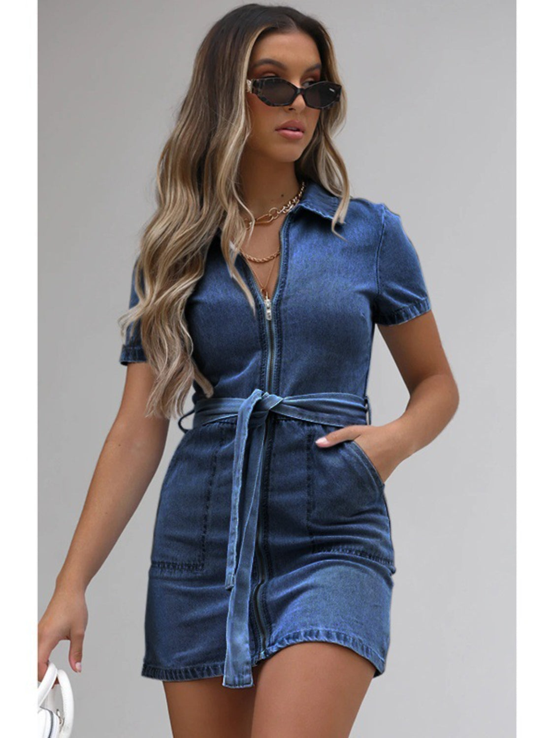 Trendsi plus size denim dress with short sleeves zipper front and waist tie belt