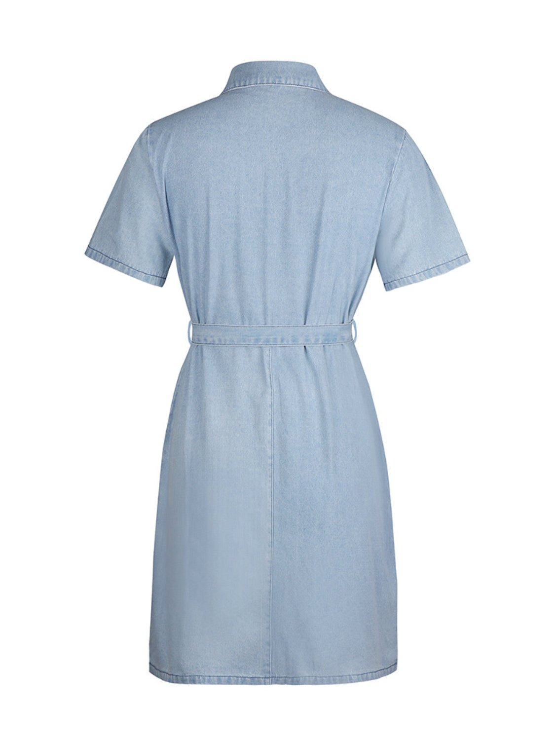 Trendsi plus size denim dress in light blue with short sleeves and belted waist shown from back
