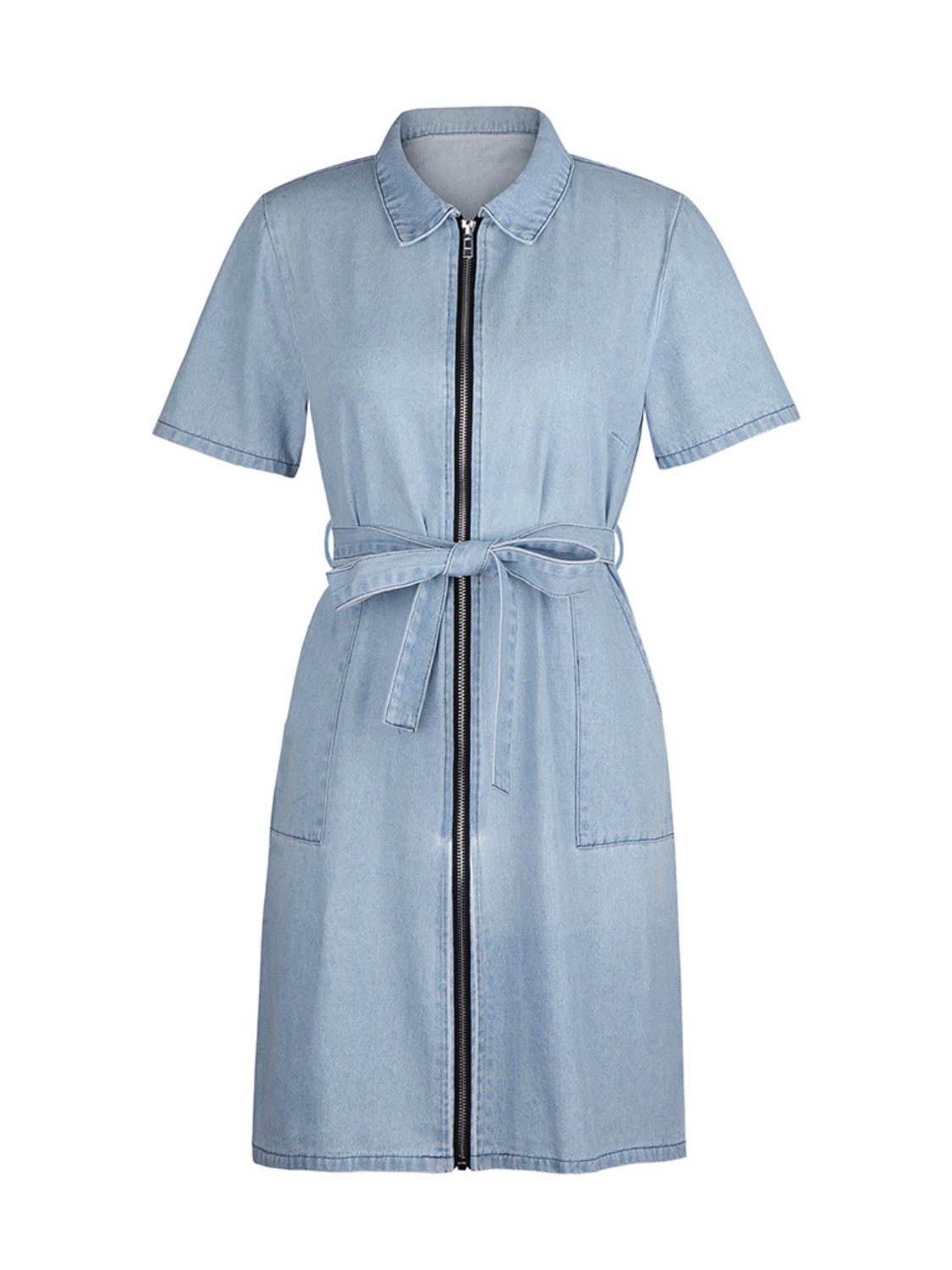 Trendsi plus size denim dress with short sleeves, front zipper, and waist tie belt in light blue