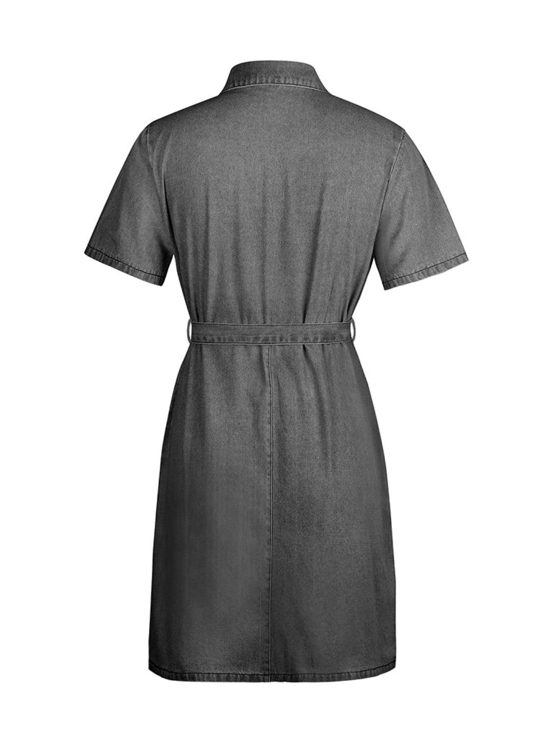 Trendsi plus size denim dress in black with short sleeves and belt detail shown from back