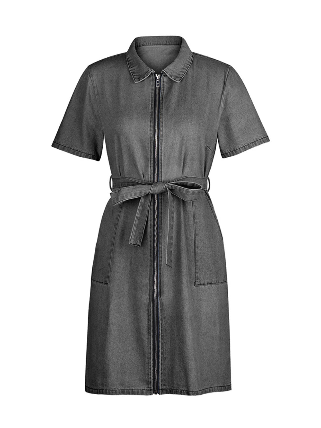 Trendsi plus size denim dress in charcoal gray with short sleeves and front zipper closure