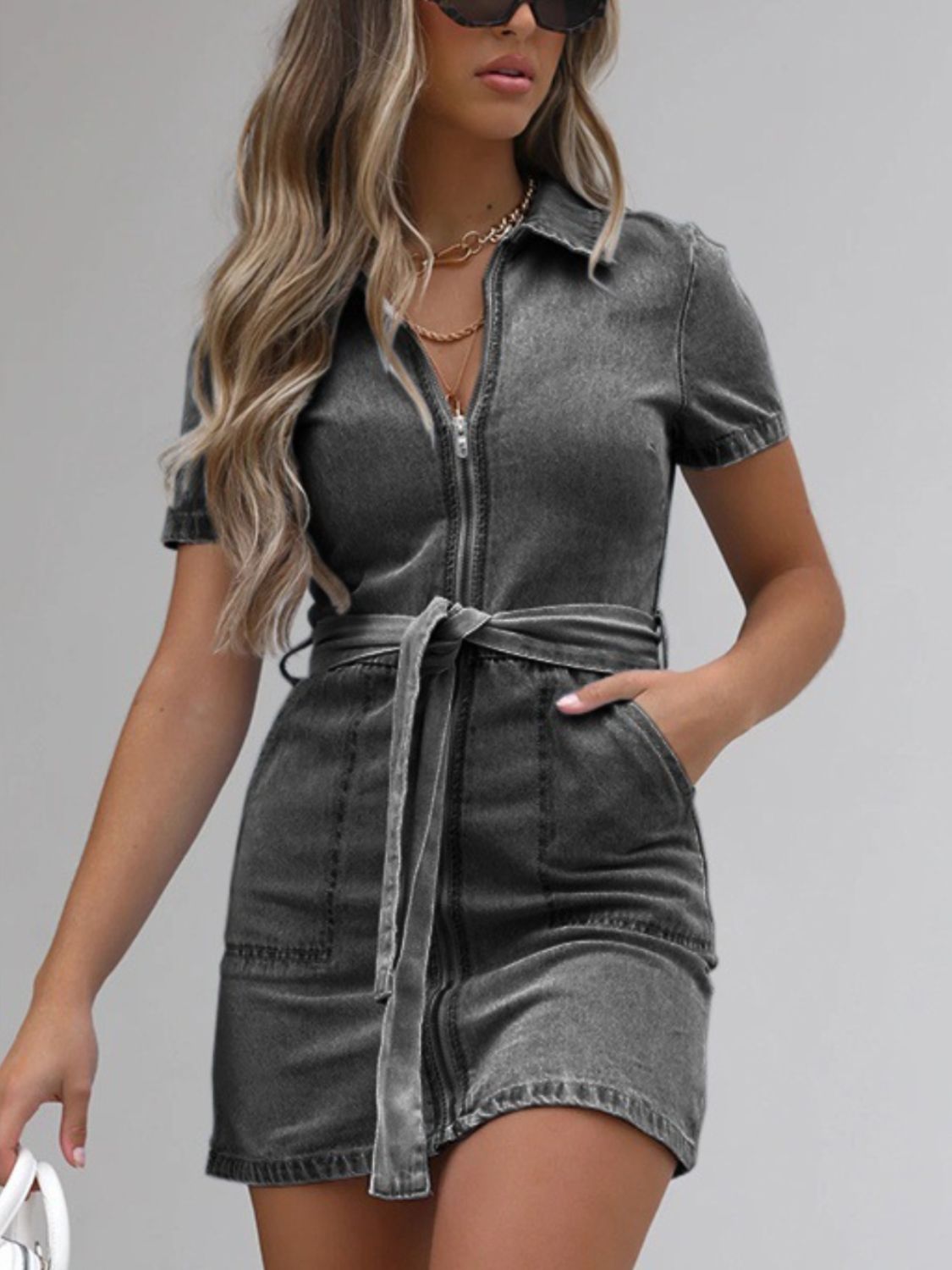 Trendsi plus size denim dress in washed black with zipper front, short sleeves, and waist tie belt