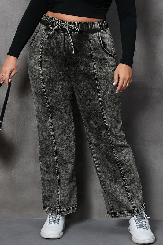 Trendsi black acid wash plus size drawstring jeans with elastic waist and white sneakers