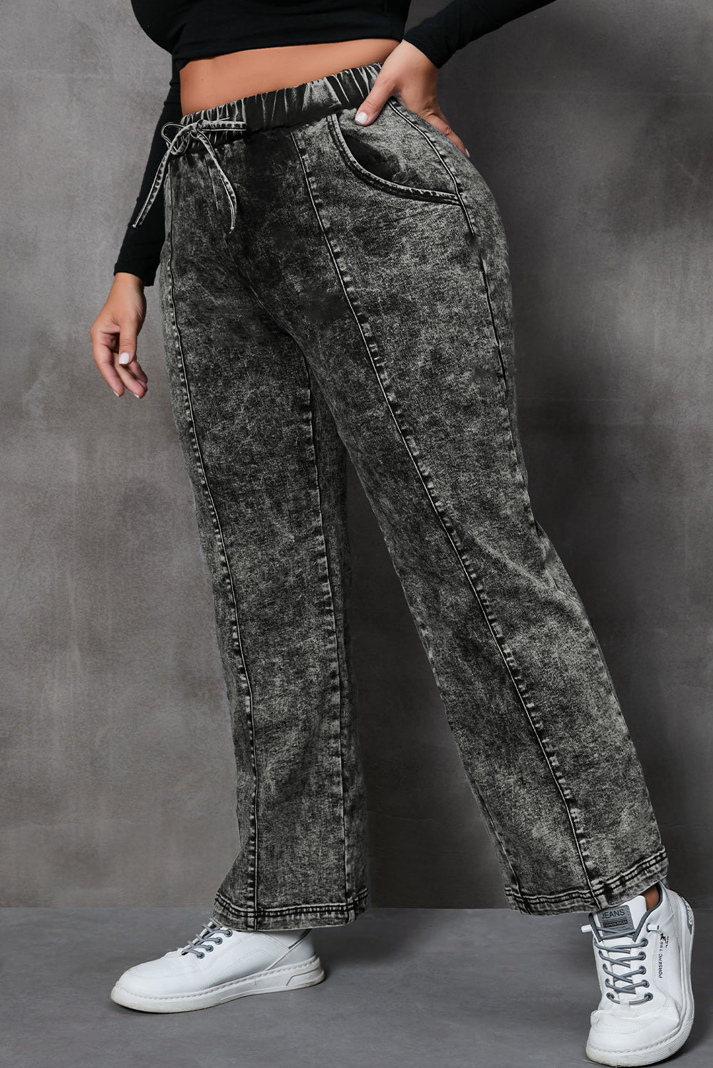 Trendsi plus size drawstring jeans in black acid wash with elastic waistband and side pockets