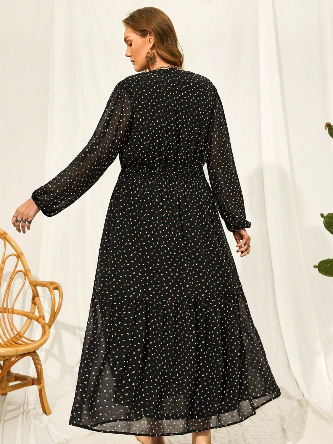 Trendsi plus size embroidered dress in black with long sleeves and delicate embroidered dots