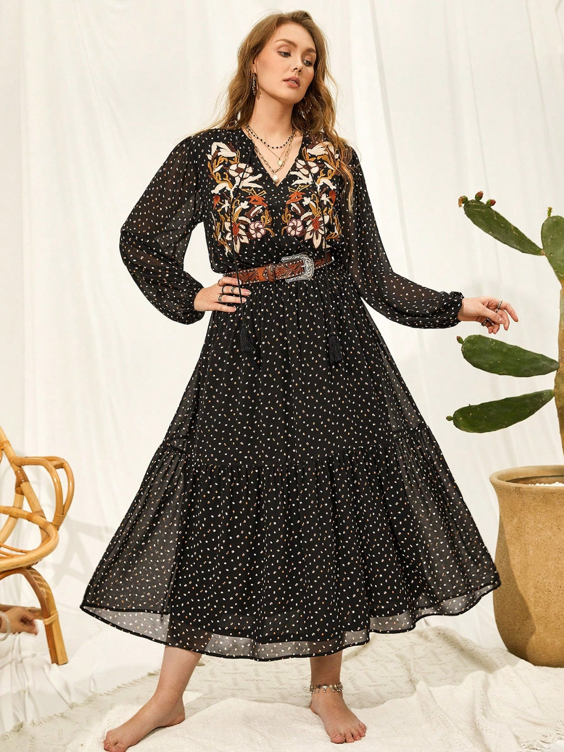 Trendsi plus size embroidered dress in black with floral embroidery and long sleeves