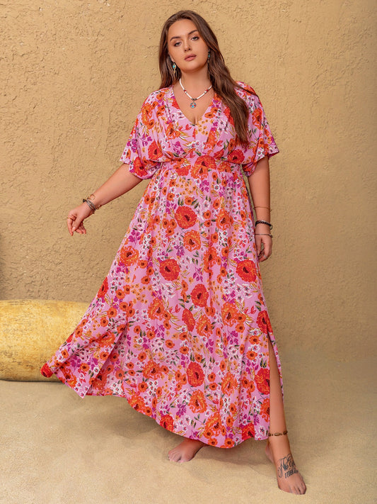 Trendsi plus size floral maxi dress with pink and orange flowers, short sleeves, and a side slit