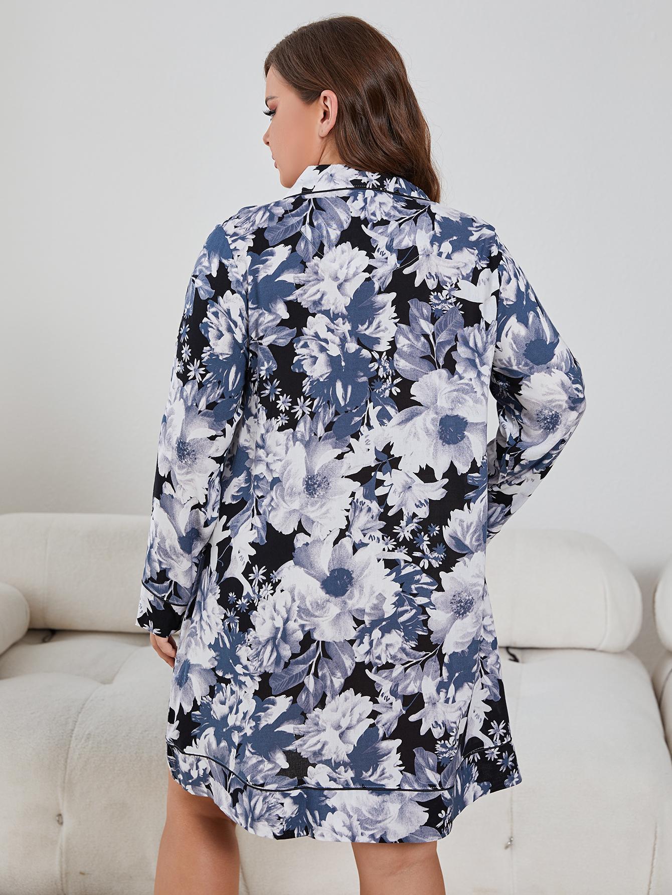 Trendsi plus size floral night dress with long sleeves and blue white flower pattern shown from the back