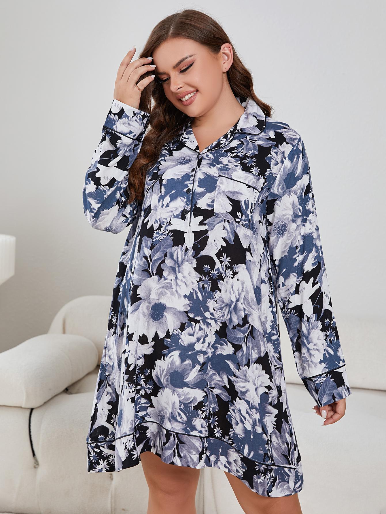 Trendsi plus size floral night dress with long sleeves and a button-up front in blue and white