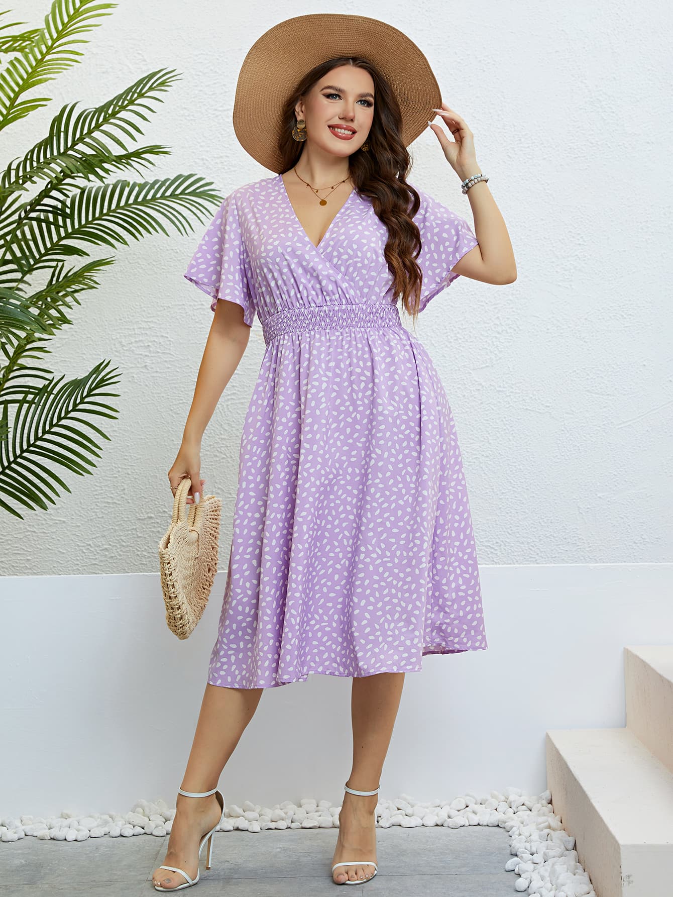 Trendsi plus size floral smocked dress in lavender with short sleeves and V-neckline