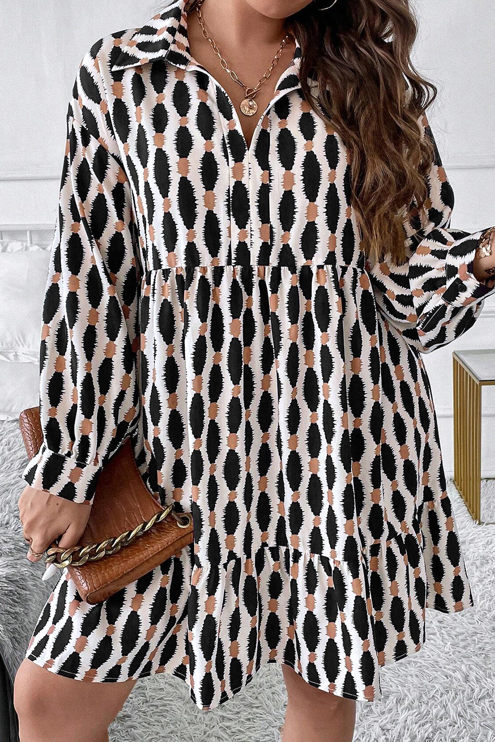 Plus size geometric print mini dress with long sleeves and collar from kjplussizefashion
