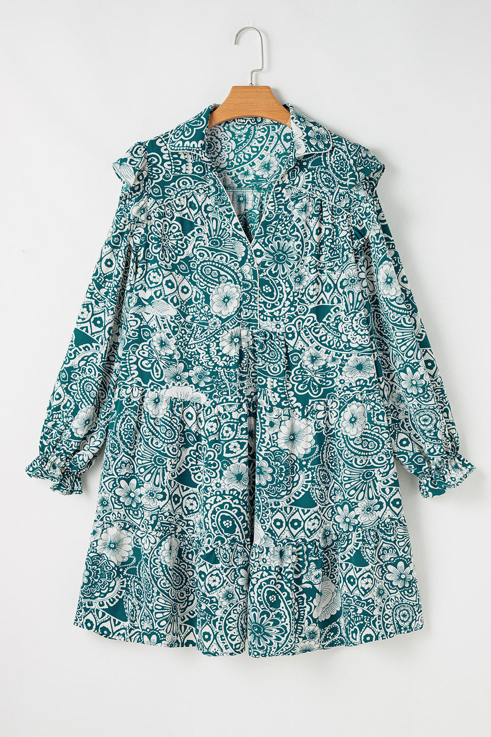 Plus size green floral dress with long sleeves ruffle details and button front from kjplussizefashion