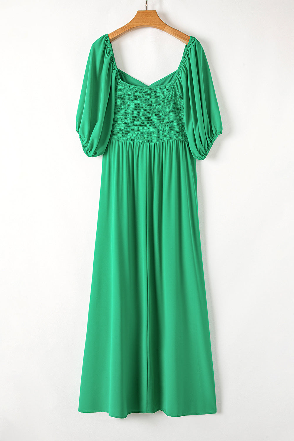 kjplussizefashion plus size green puff sleeve dress with smocked bodice and maxi length