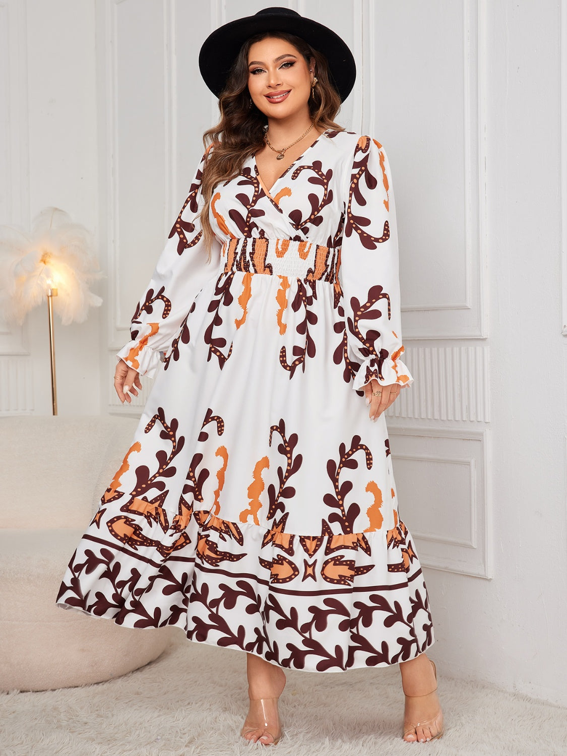 Plus size honey print dress for women with long sleeves and V-neck in white brown and orange