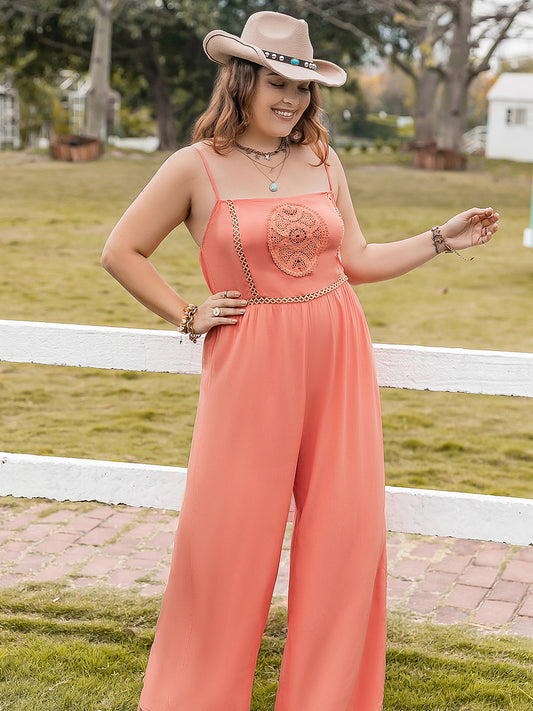 Trendsi plus size lace jumpsuit in coral with spaghetti straps and detailed lace front design
