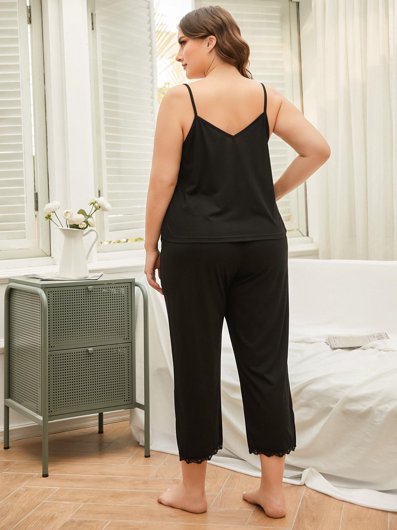 Trendsi plus size lace trim pajama set in black featuring a sleeveless top and cropped pants