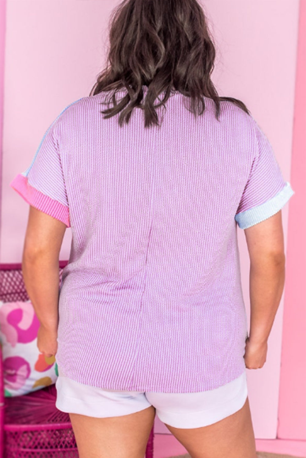 Plus size rose red leopard colorblock patchwork corded knit t shirt back view