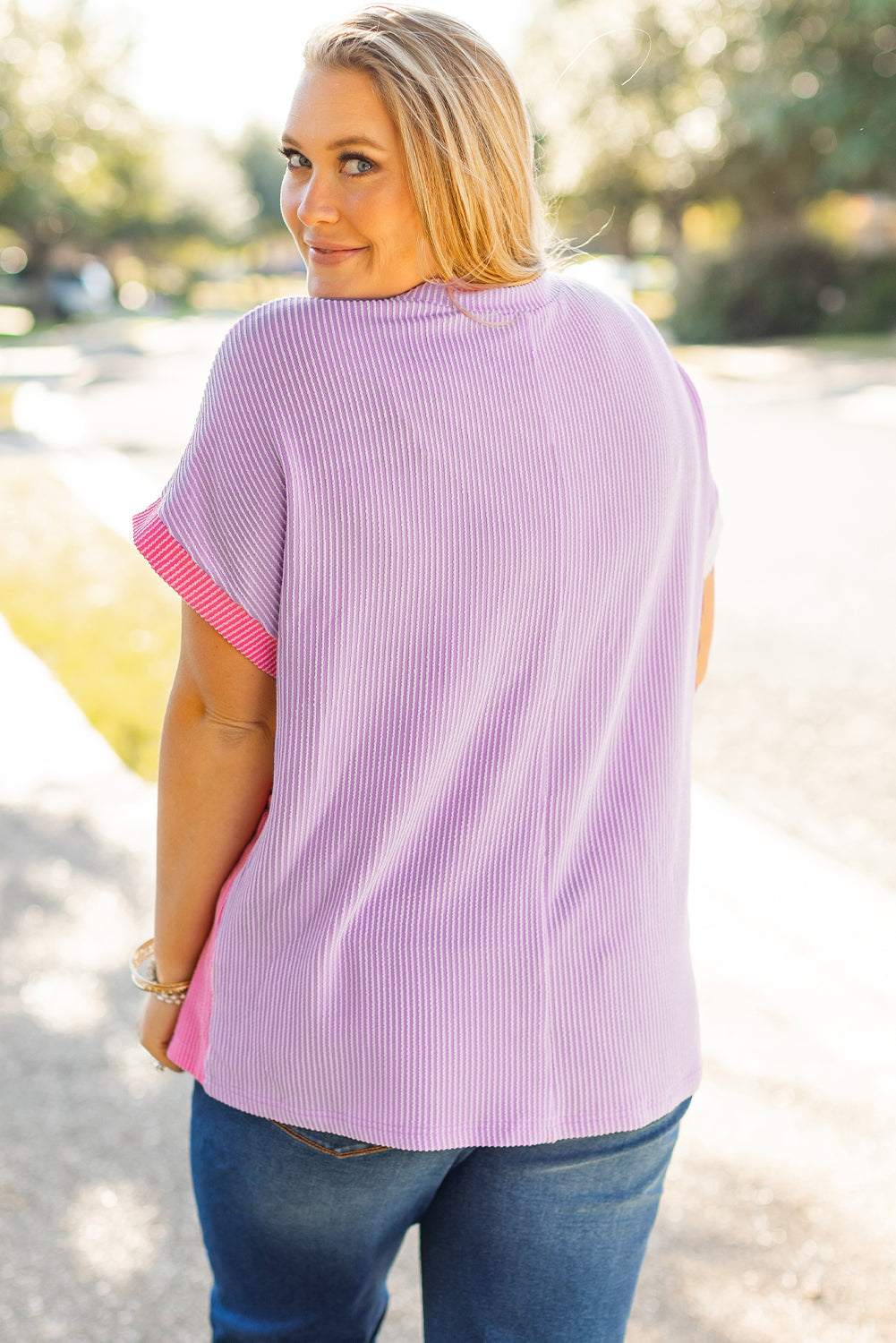 plus size rose red leopard colorblock patchwork corded knit t shirt back view
