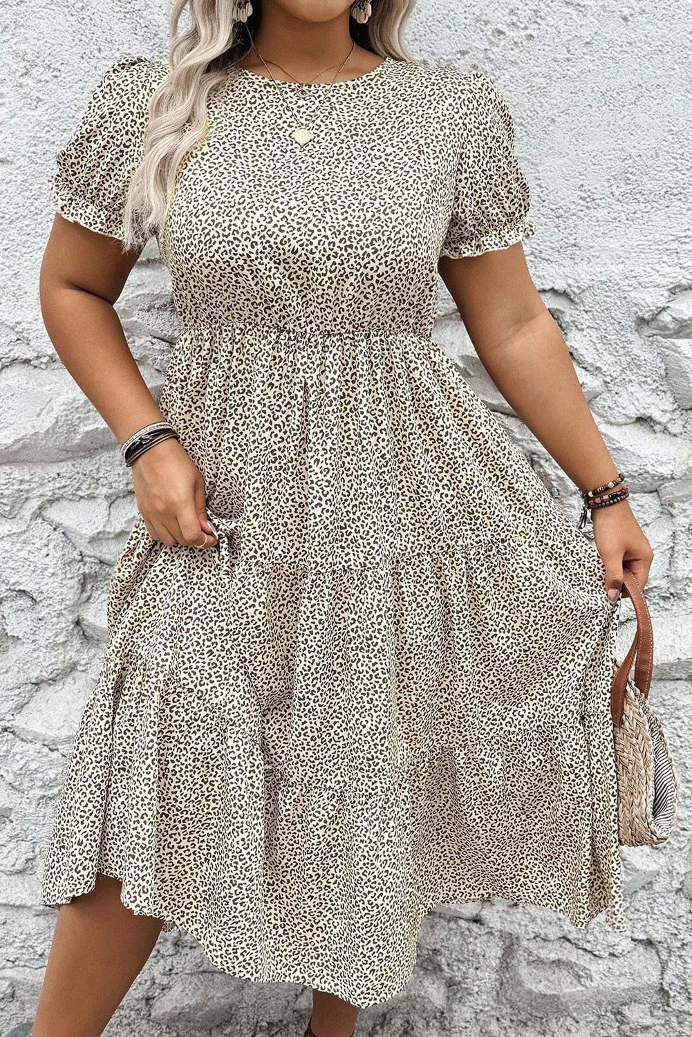 Plus size leopard print dress with short puff sleeves and tiered midi skirt from kjplussizefashion