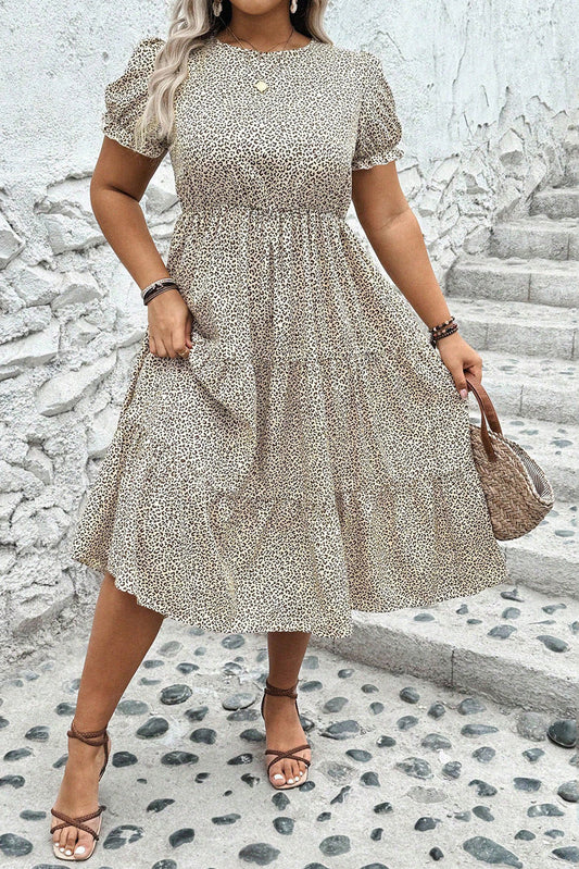 Plus size leopard print dress with short puff sleeves and midi length from kjplussizefashion