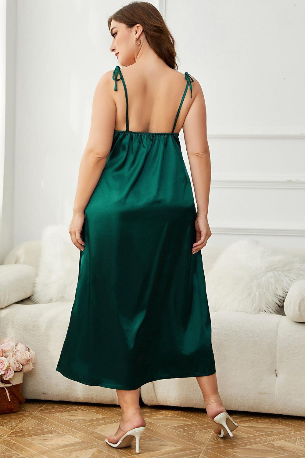 Trendsi plus size nightwear for women green satin slip dress with adjustable shoulder straps