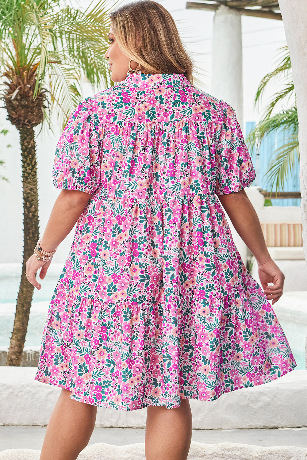Plus size pink floral dress by kjplussizefashion with short sleeves and flowy mini skirt