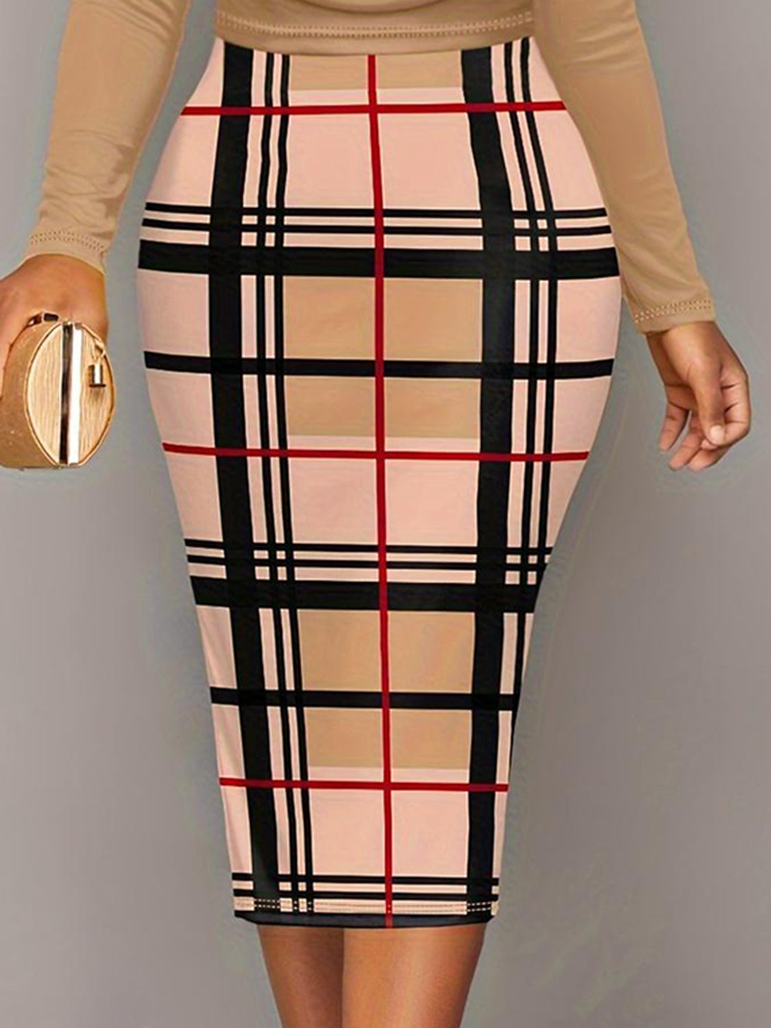 Plus size plaid long sleeve dress featuring a beige, black, and red checkered pattern with a fitted silhouette