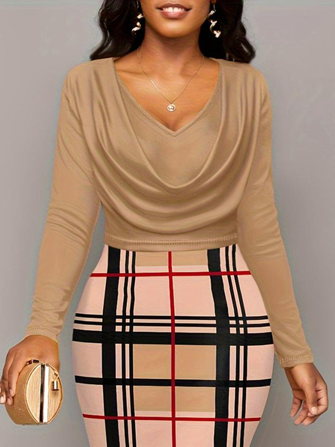 Trendsi plus size plaid long sleeve dress with beige draped top and plaid skirt in neutral tones