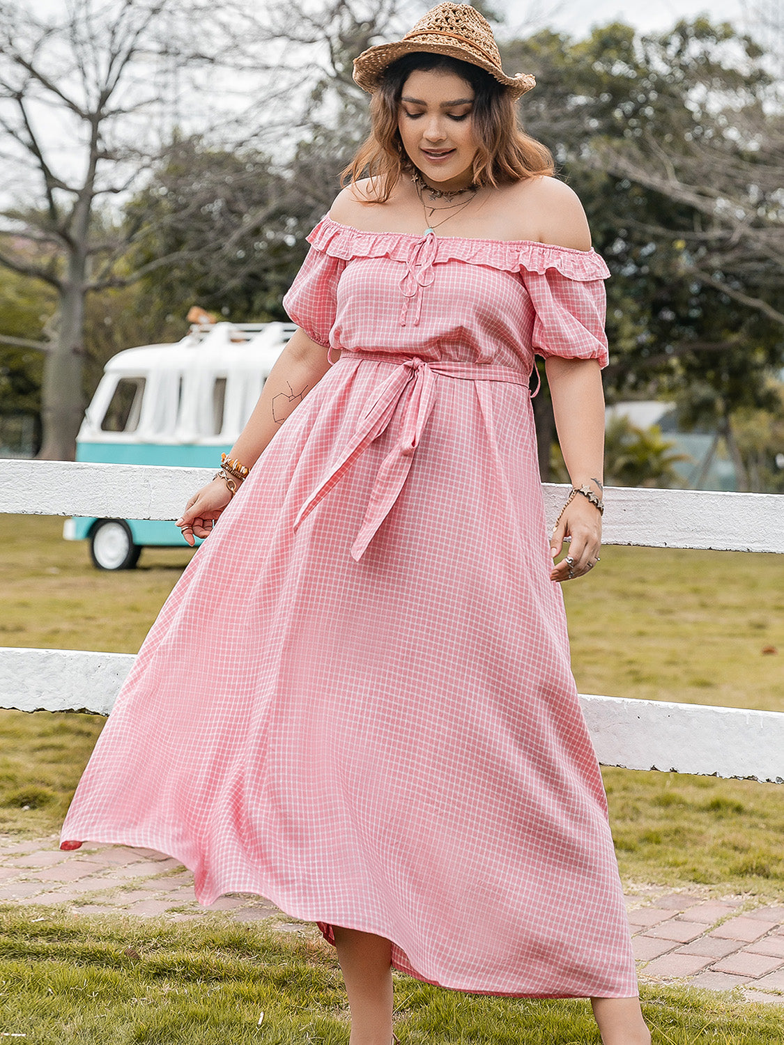 Plus size plaid off-shoulder short sleeve midi dress with waist tie and ruffle neckline in pink plaid pattern