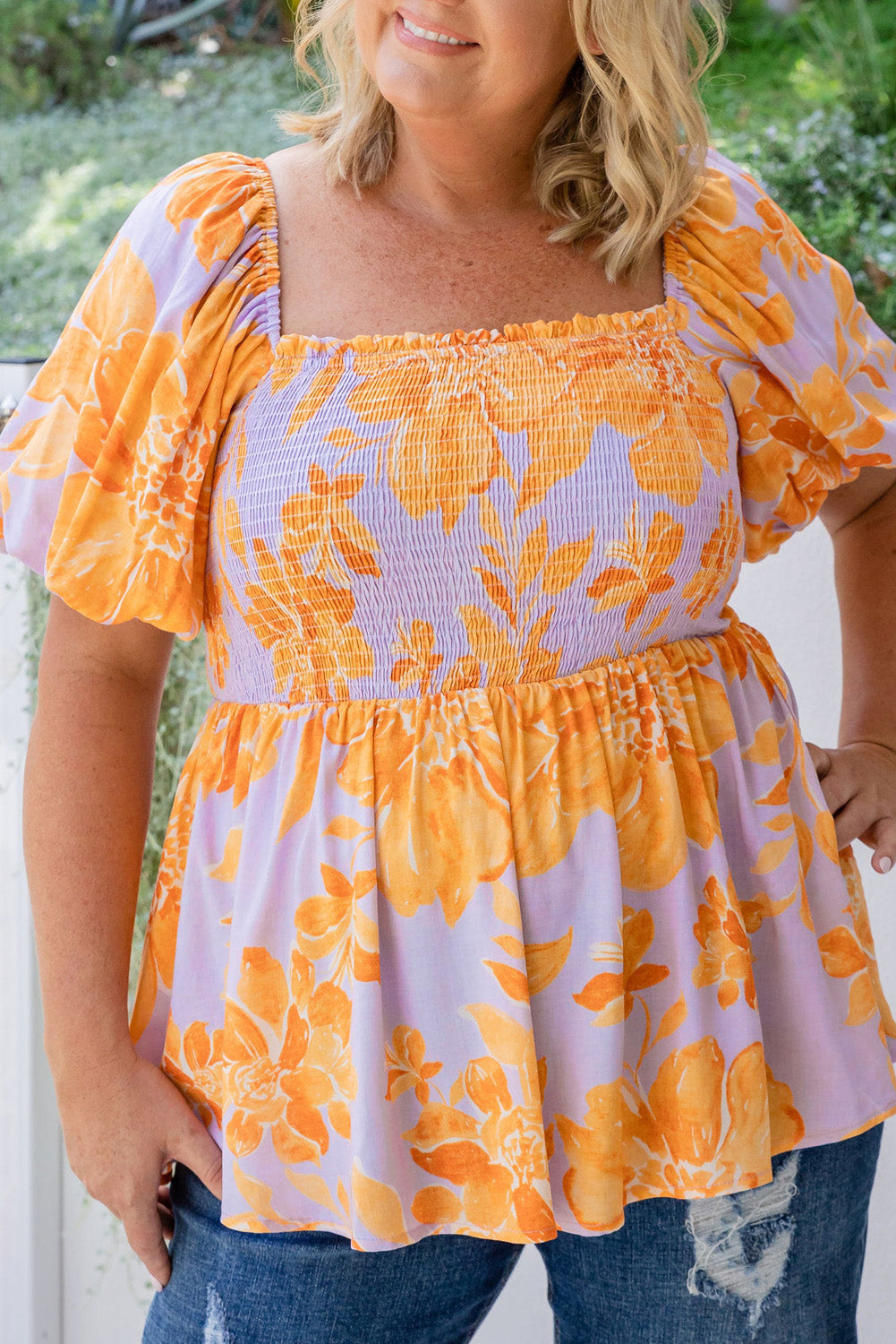 Plus size purple floral blouse with orange flowers and puff sleeves by kjplussizefashion
