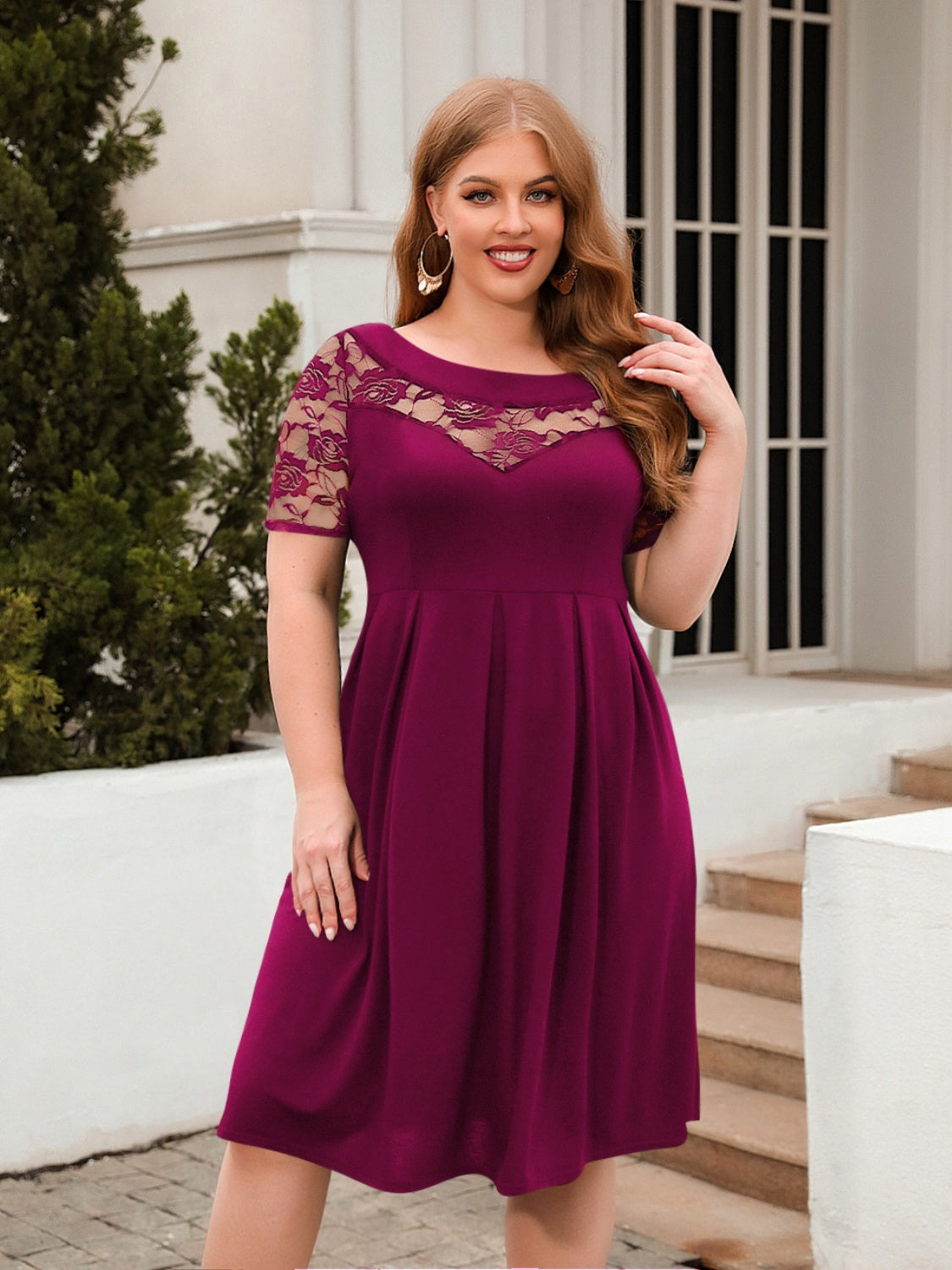 Plus size ruched dress in deep purple with lace short sleeves and fitted bodice by Trendsi