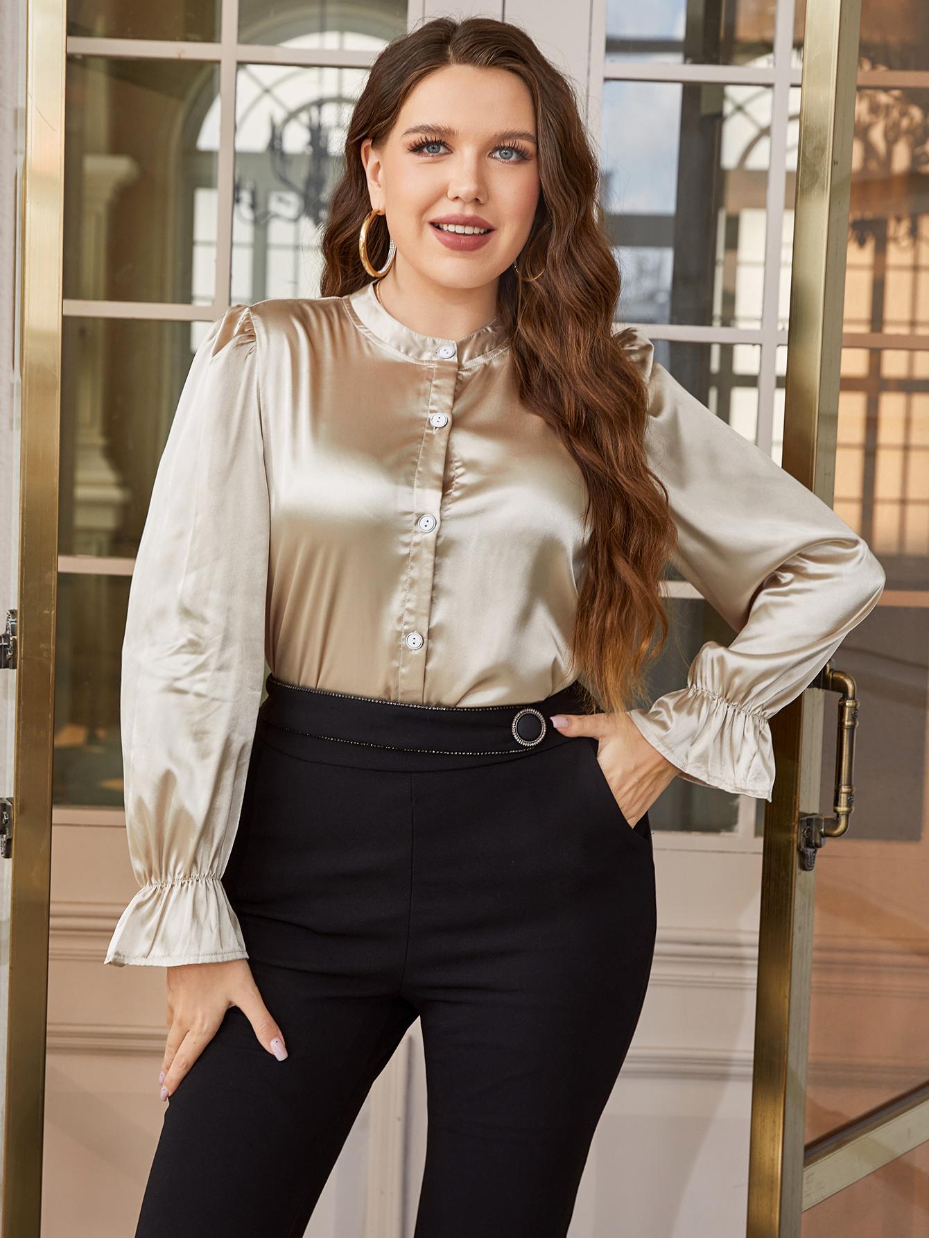 Plus size satin blouse for women in champagne color with button front and ruffle cuffs
