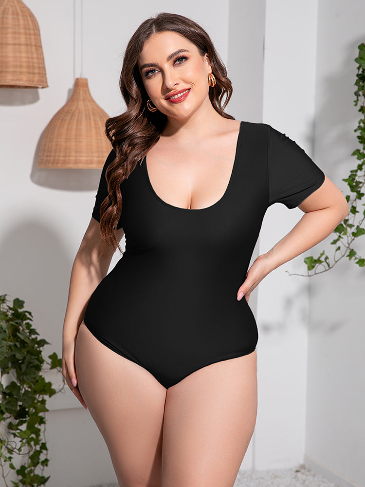Trendsi plus size scoop neck swimsuit in black with short sleeves and flattering fit