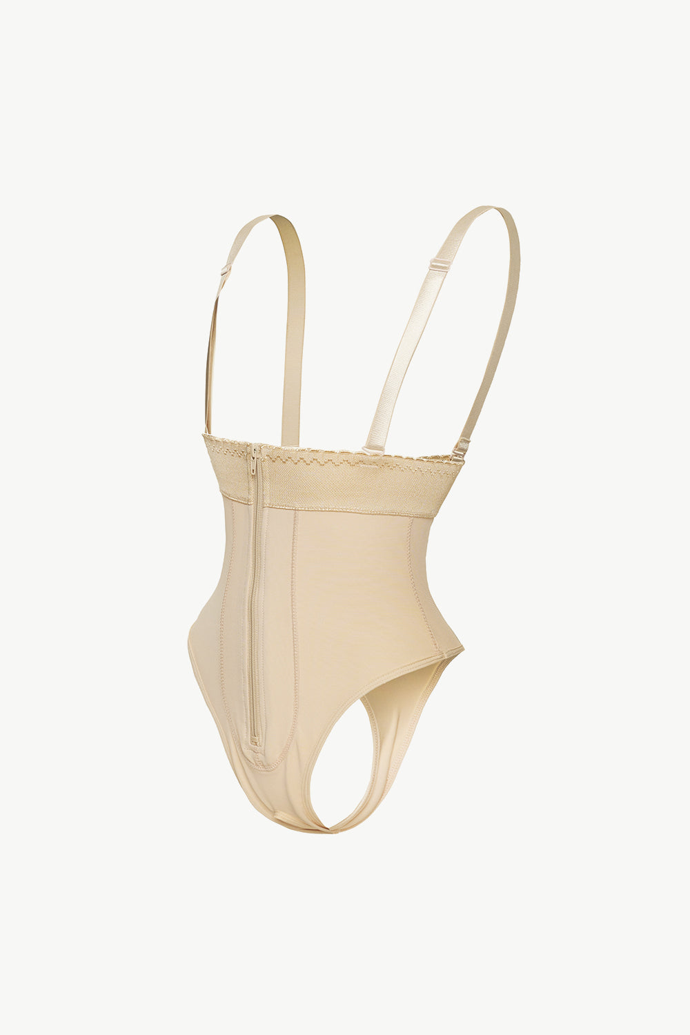 Beige plus size shapewear bodysuit with adjustable straps and front zipper closure
