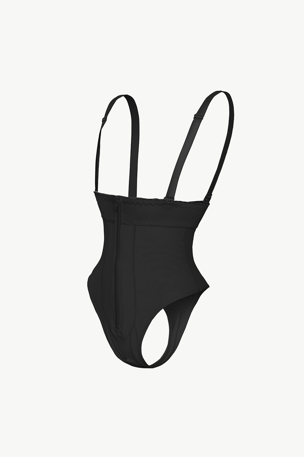 Black plus size shapewear bodysuit with adjustable straps and hook closure by Trendsi