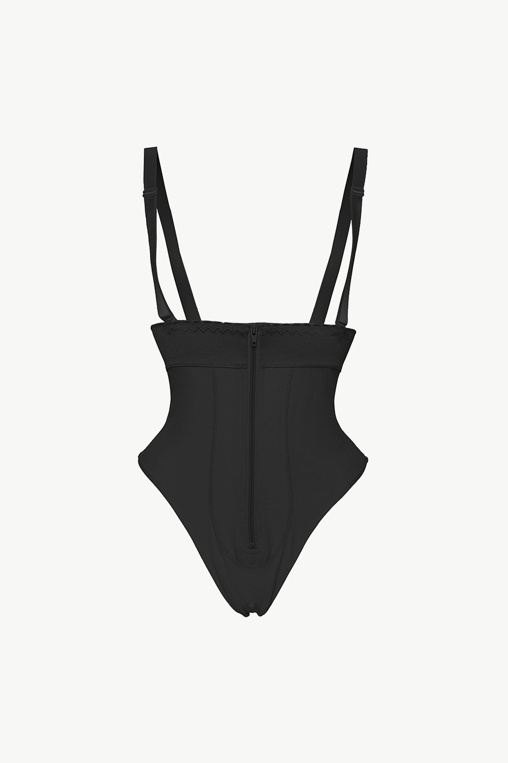 Black Trendsi plus size shapewear bodysuit with adjustable straps and front zipper closure