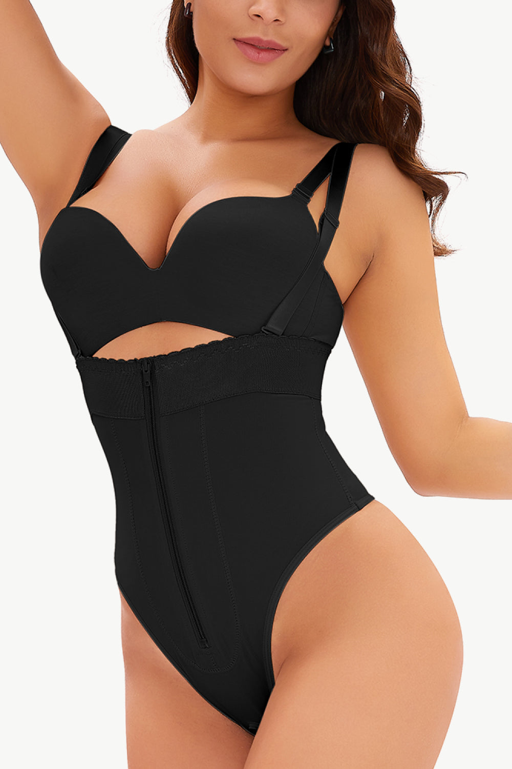 Trendsi black plus size shapewear bodysuit with front zipper and adjustable straps