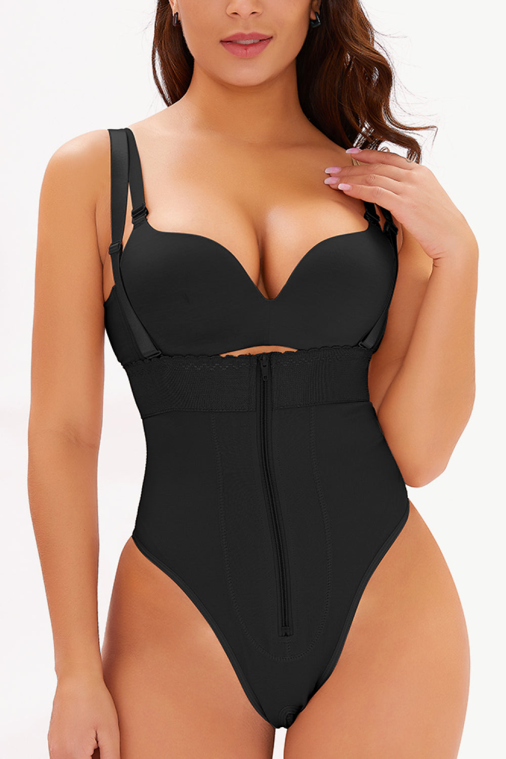 Trendsi plus size shapewear bodysuit in black with zipper front and adjustable straps