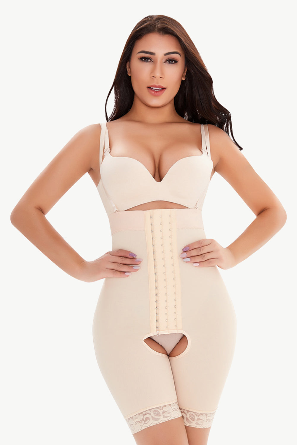 Trendsi plus size shaping bodysuit in beige with front hook closures and lace trim on legs